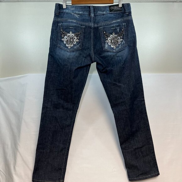 Guess Jeans Women Size 32 Daredevil Skinny Leg Dark Blue Wash Embellished - Picture 5 of 16